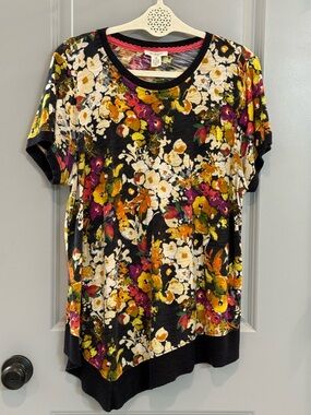 Westbound Black Floral Short Sleeve Tee with White, Yellow and Pink Blooms